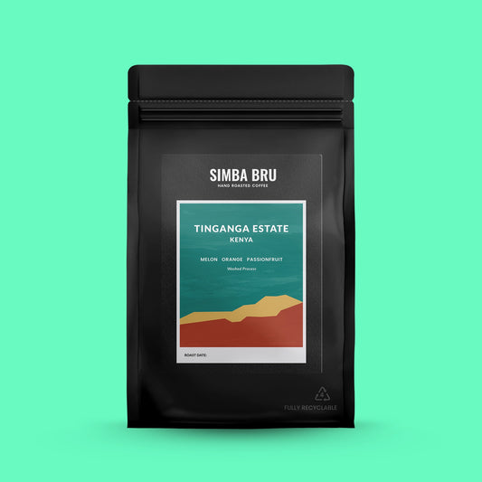 Simba Bru coffee bag with a scenic label on a green background
