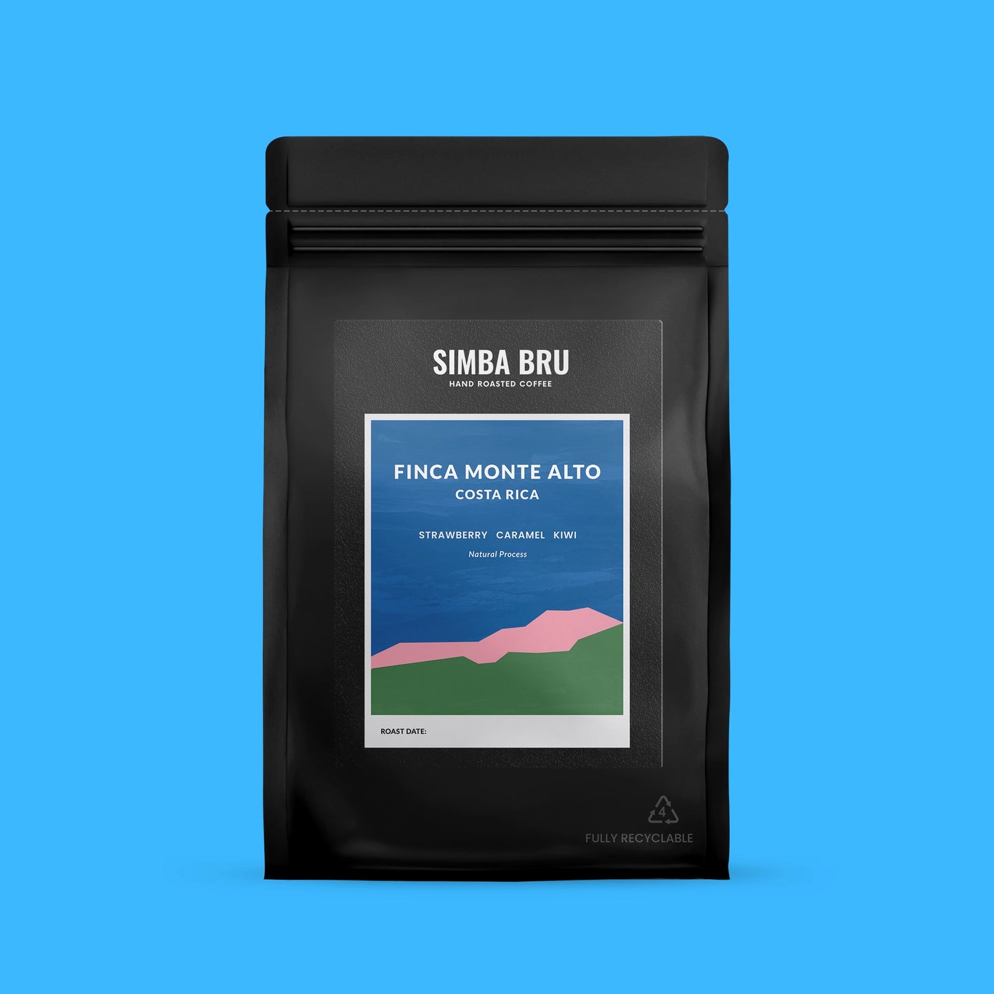 Black coffee bag with 'Simba Bru' branding on a blue background