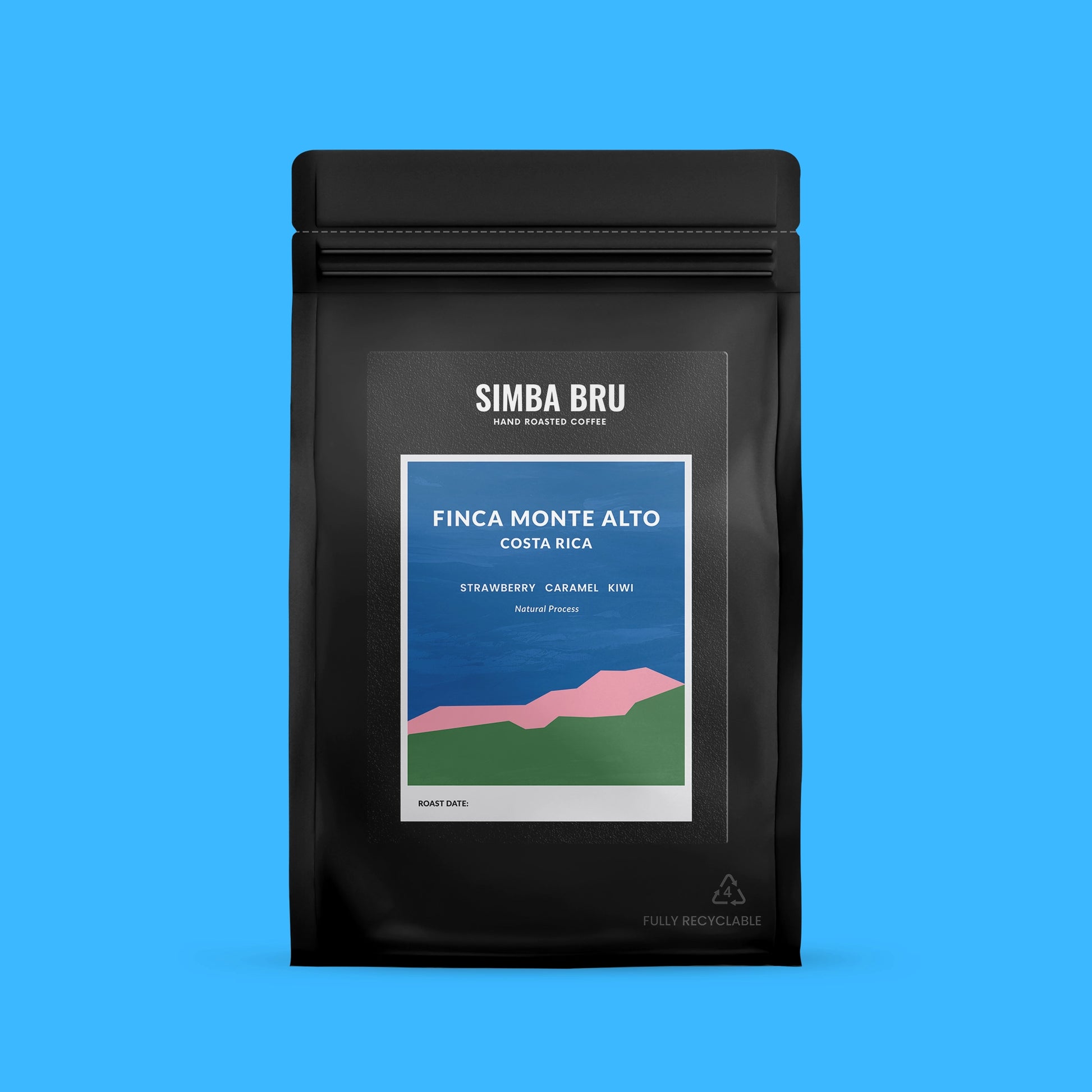Black coffee bag with 'Simba Bru' branding on a blue background