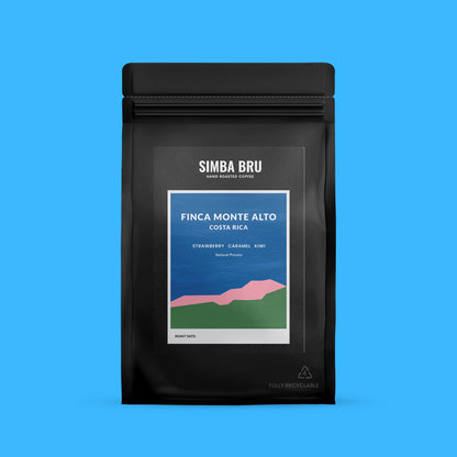 Black coffee bag with 'Simba Bru' branding on a blue background