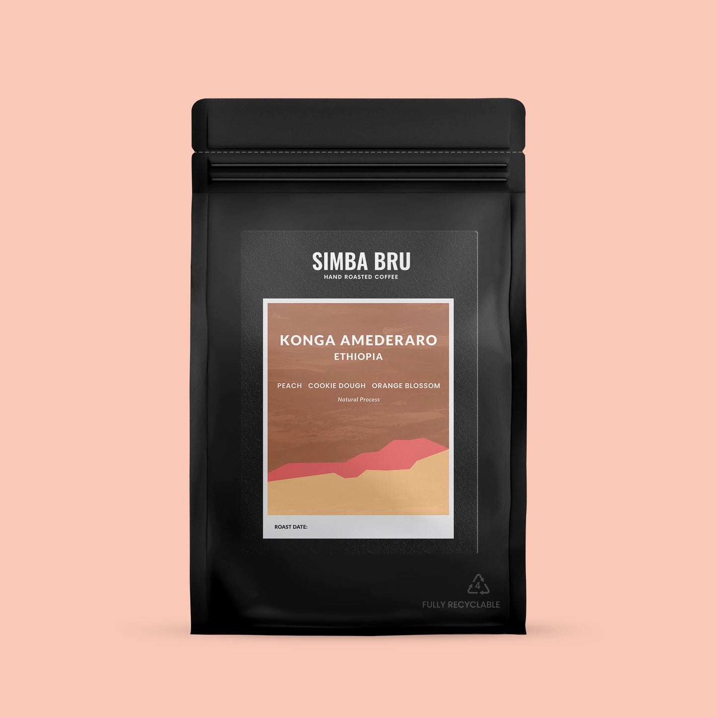 Black coffee bag with 'Simba Bru' branding on a pink background