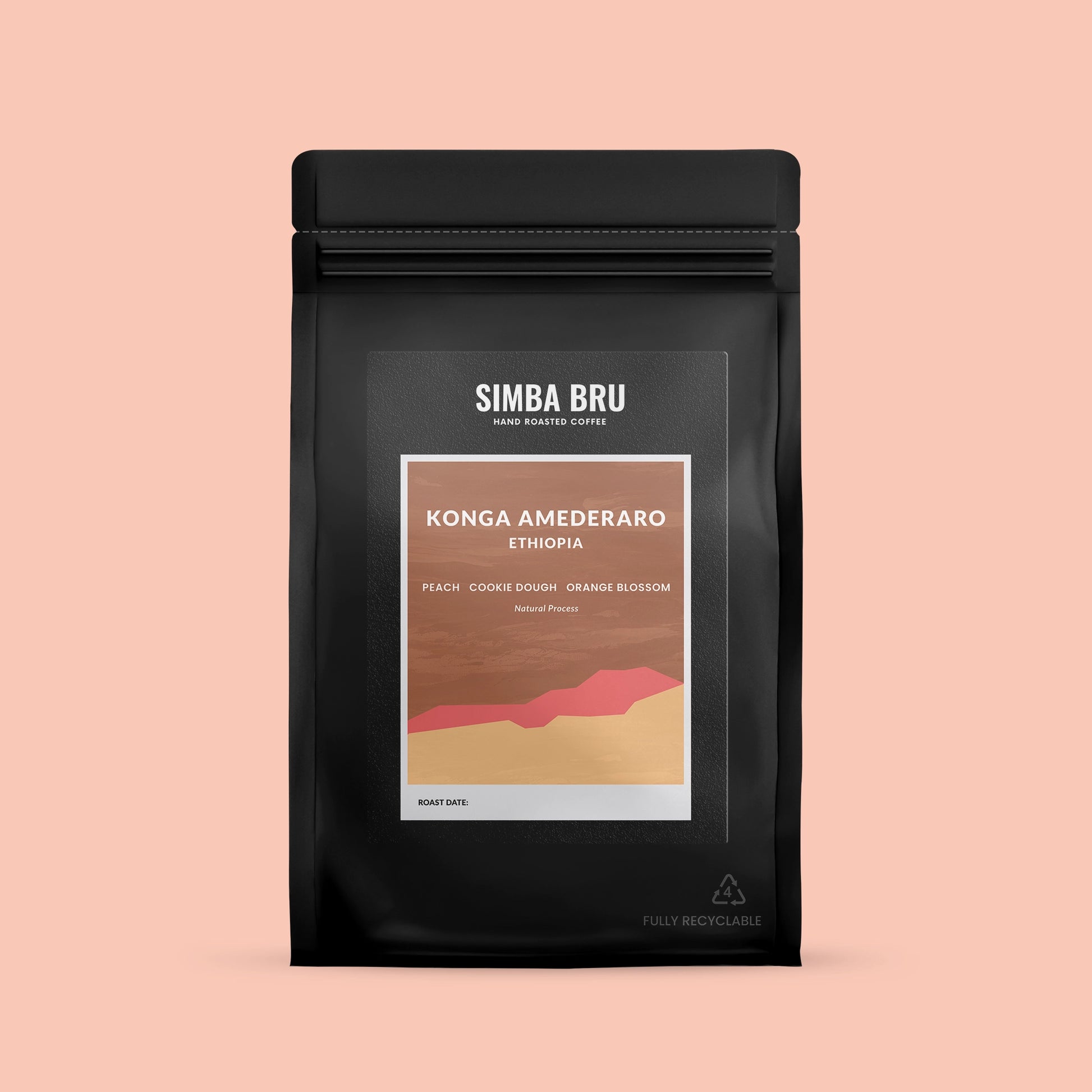 Black coffee bag with 'Simba Bru' branding on a pink background