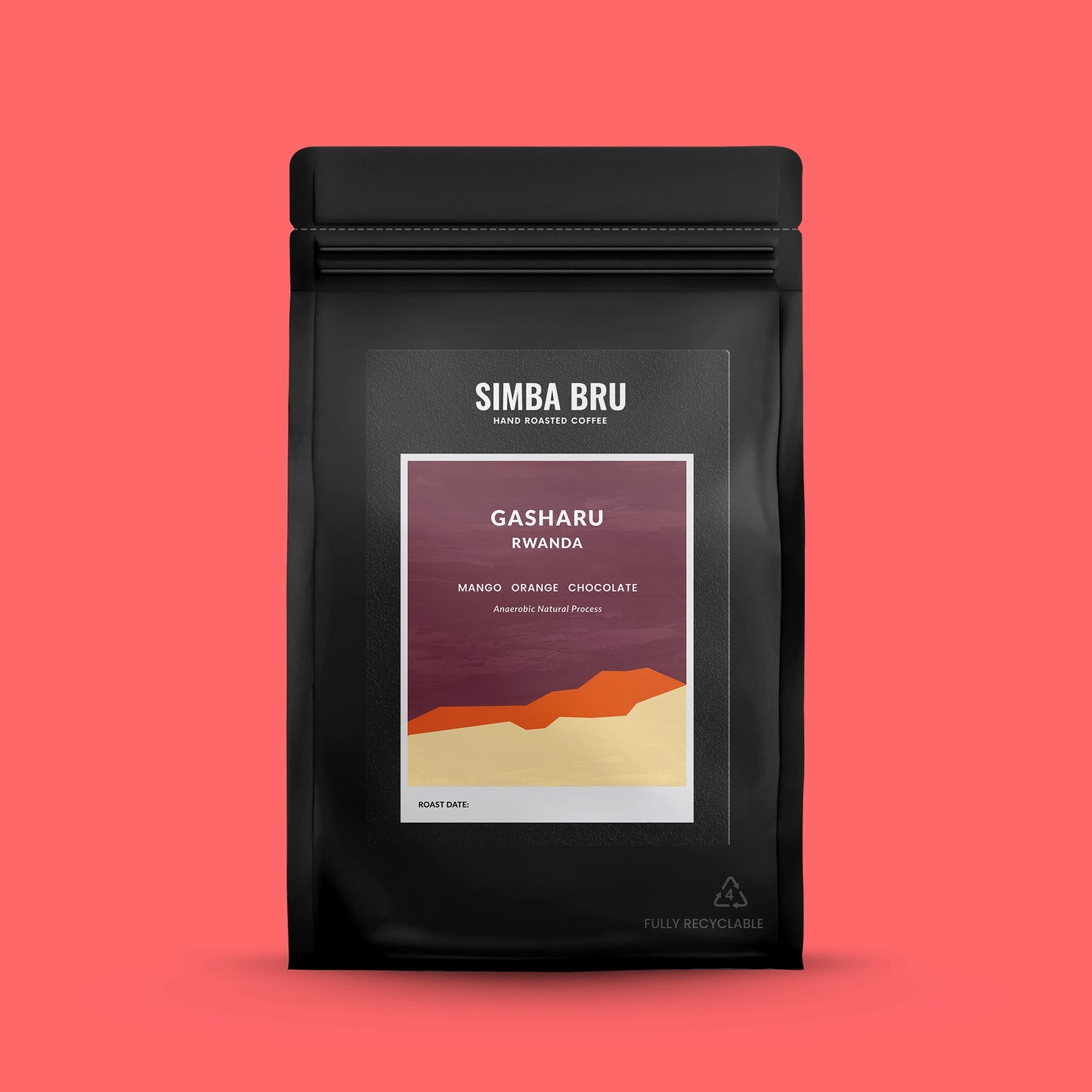 Black coffee bag with 'Simba Bru' branding on a pink background