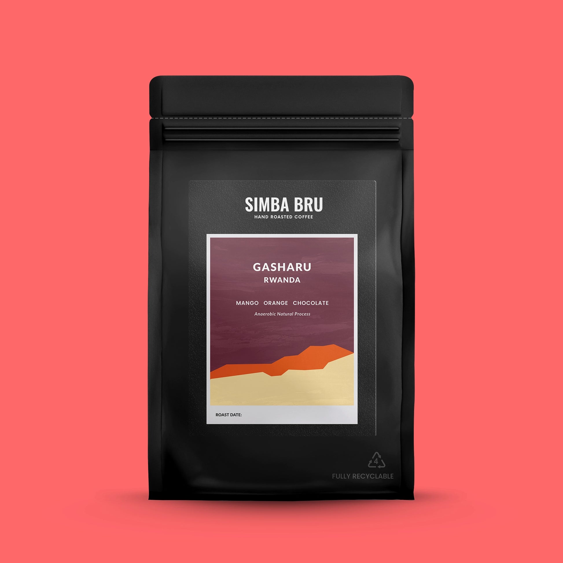 Black coffee bag with 'Simba Bru' branding on a pink background